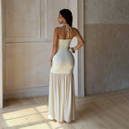 Women's cream sling spring dress, open back with tie straps and flowing maxi skirt