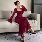 Women's Autumn Elegant Mesh Square Collar Lace Dress
