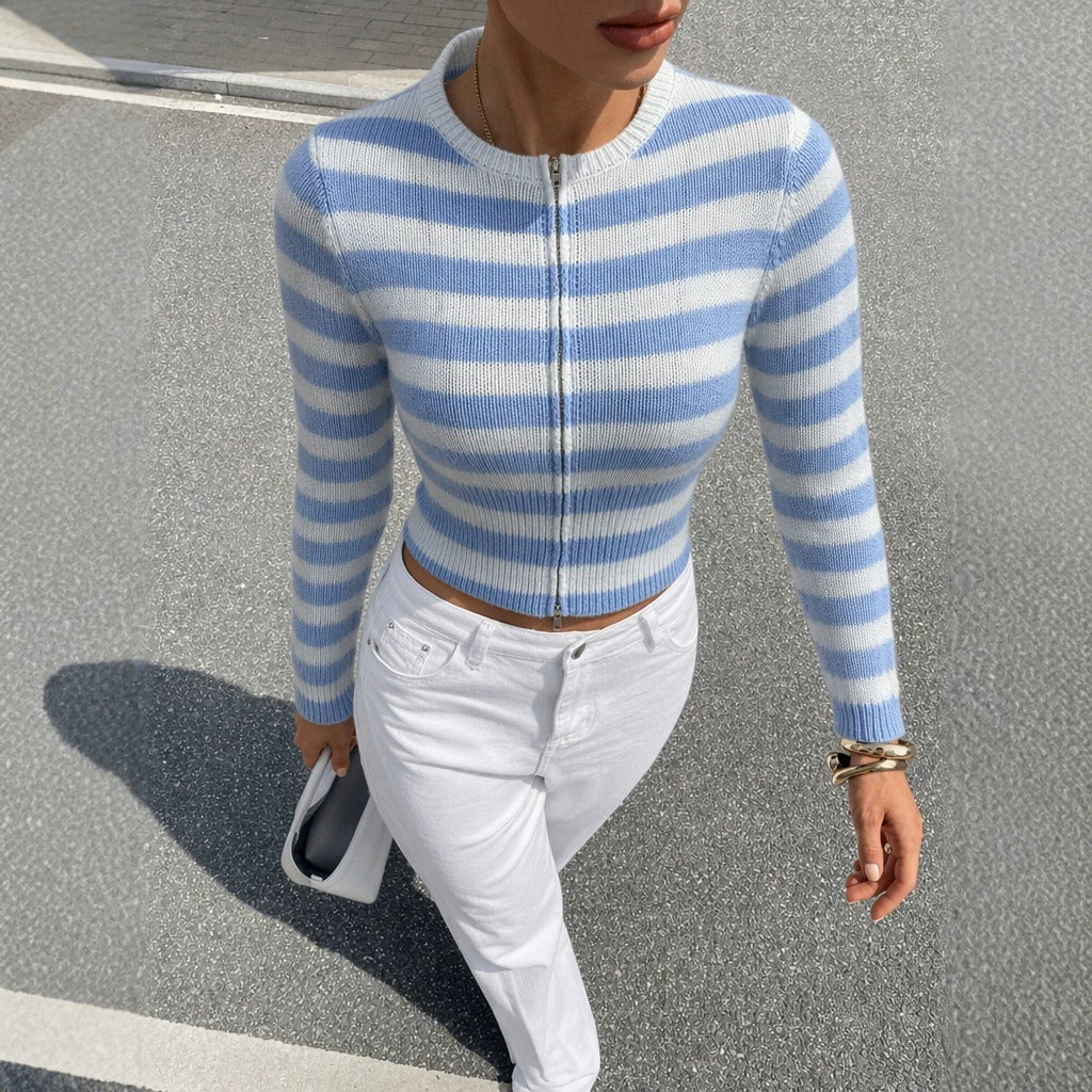 Women's Striped Zip-Up Cardigan