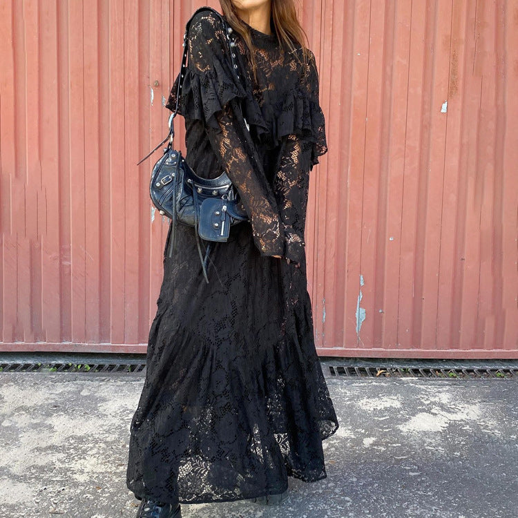 Sheer Lace Long Sleeve A-Line Maxi Dress