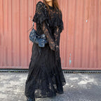 Sheer Lace Long Sleeve A-Line Maxi Dress