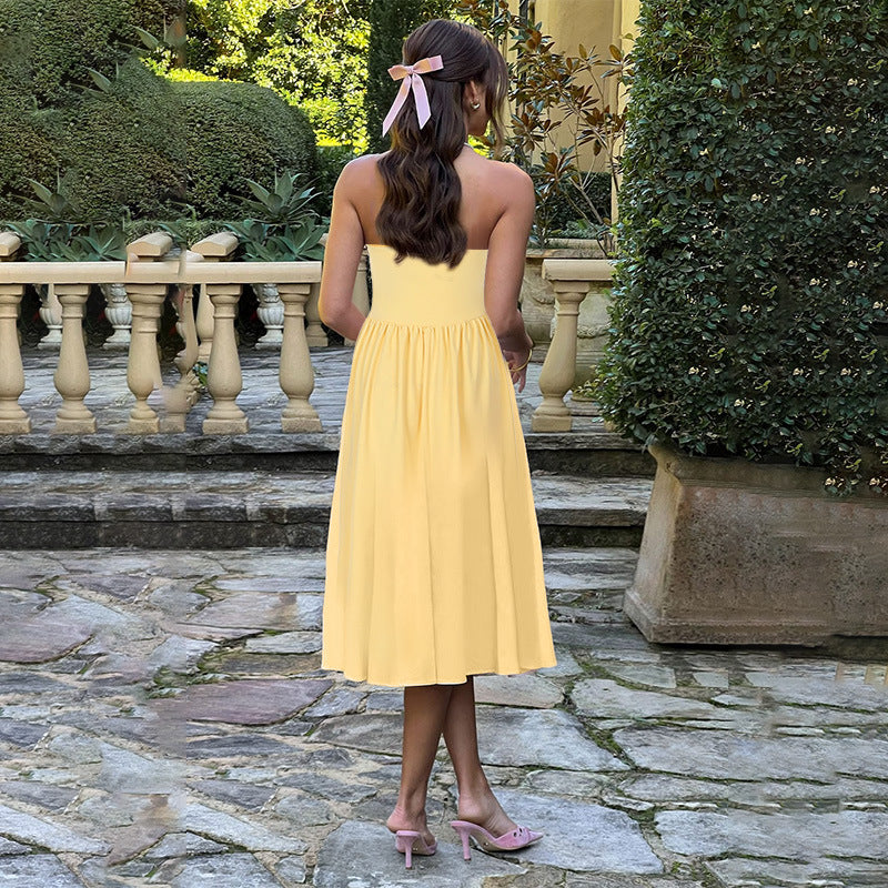 Elegant Solid-Color Sleeveless Strapless Waist Dress