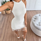 Women's French Vintage White Halter Tassel Knitted Sleeveless Slim Dress