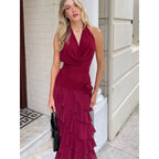 Halter Wooden Ear Slit Dress V neck Pleated Ruffled Waist Tight Sexy Dress