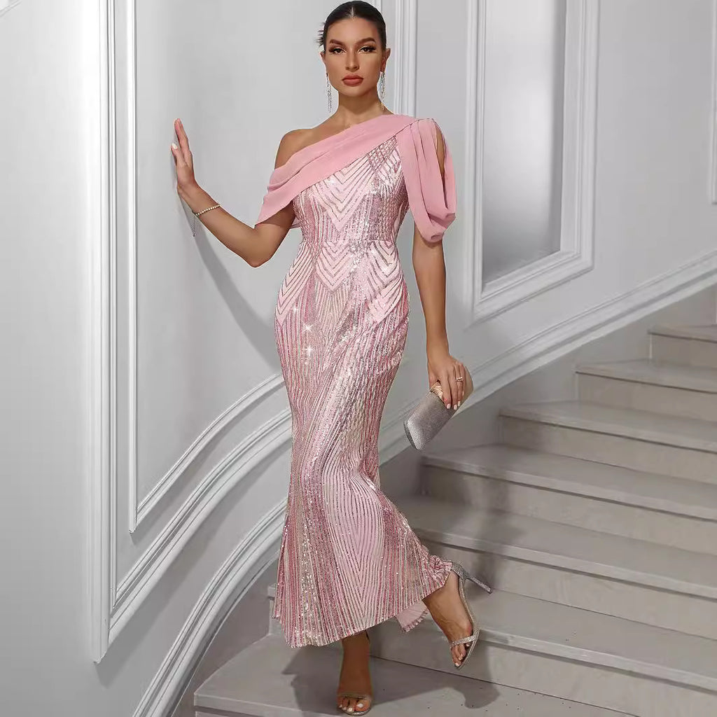 Chiffon Sequin One-Shoulder Split Maxi Dress