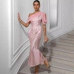 Chiffon Sequin One-Shoulder Split Maxi Dress