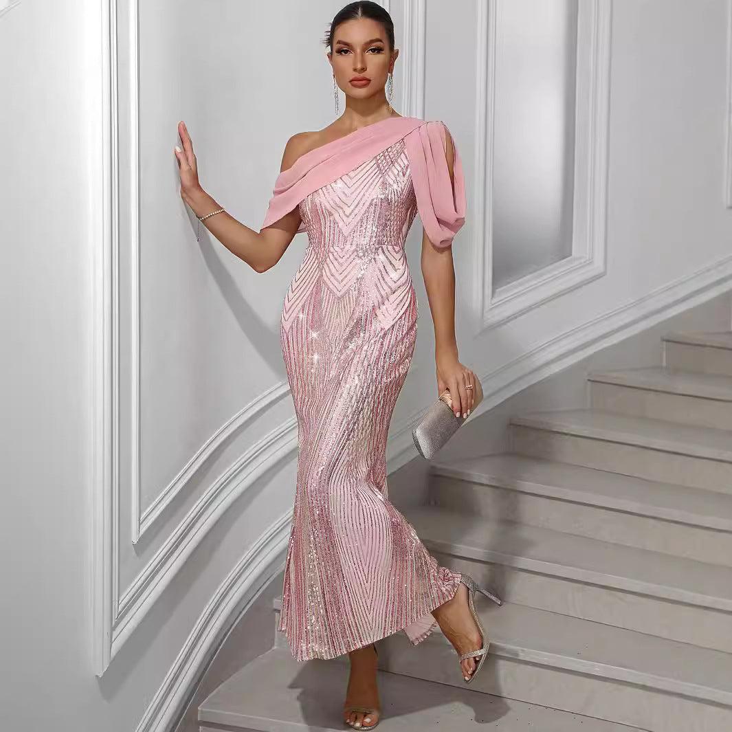 Chiffon Sequin One-Shoulder Split Maxi Dress