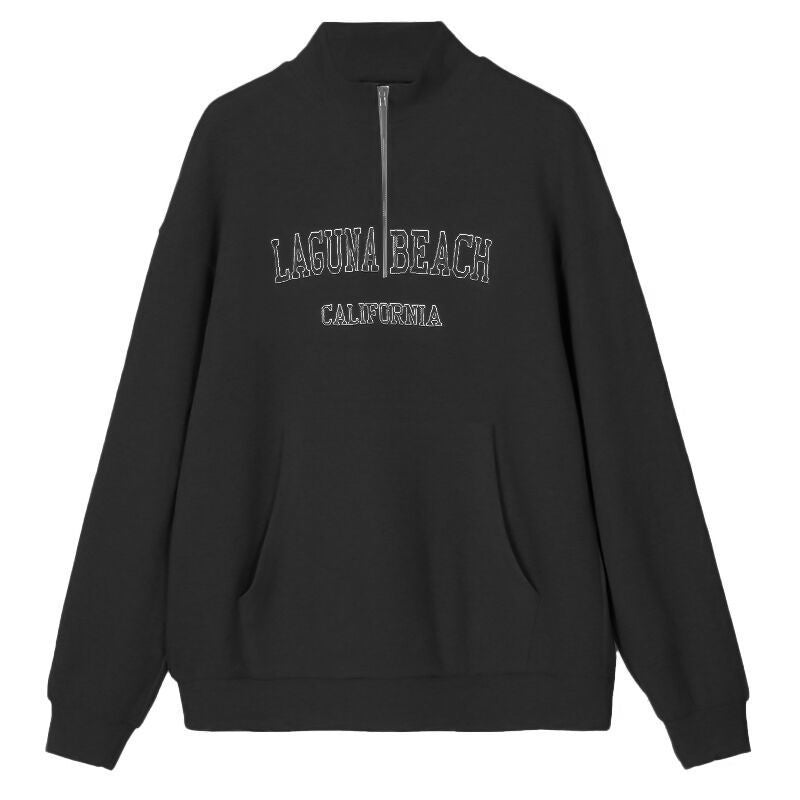 Women's Casual Spring Pullover Sweatshirt Letter Graphic Embroidery Zipper Pullover Baggy