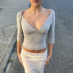 Women's Spring Summer Deep V Plunge Low Collar Backless Half Sleeve T Shirt Slim Fit Fashionable Bottoming Solid Color Top For Women