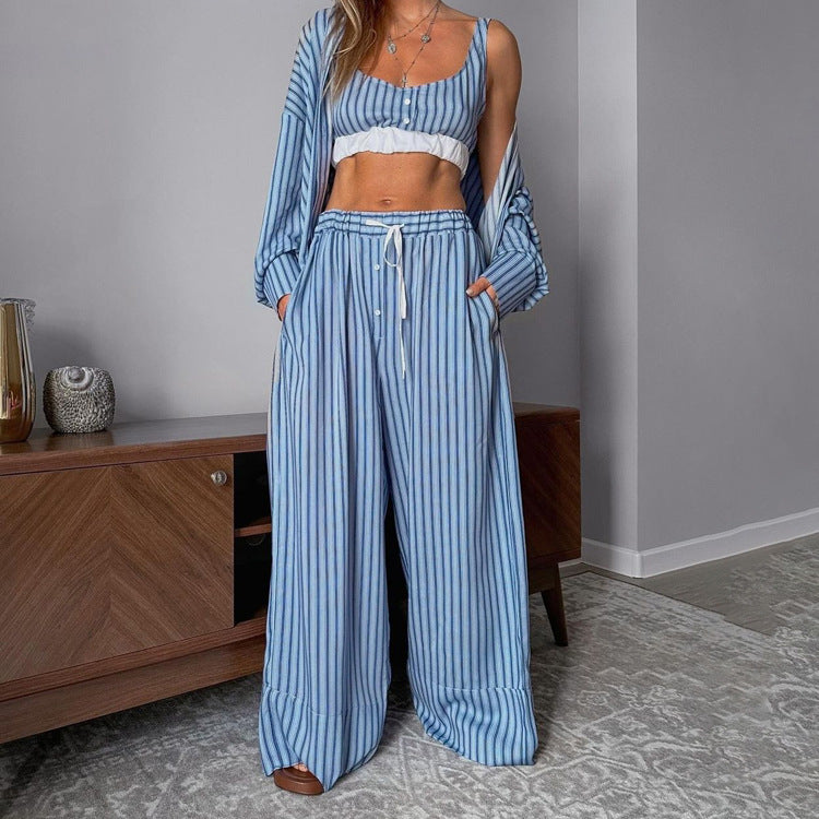 Striped Cardigan Vest & Wide-Leg Pants Set
