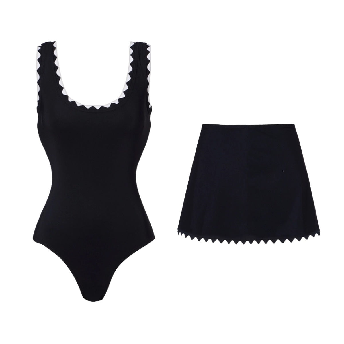 Black one-piece swimsuit and matching skirt with white scalloped trim