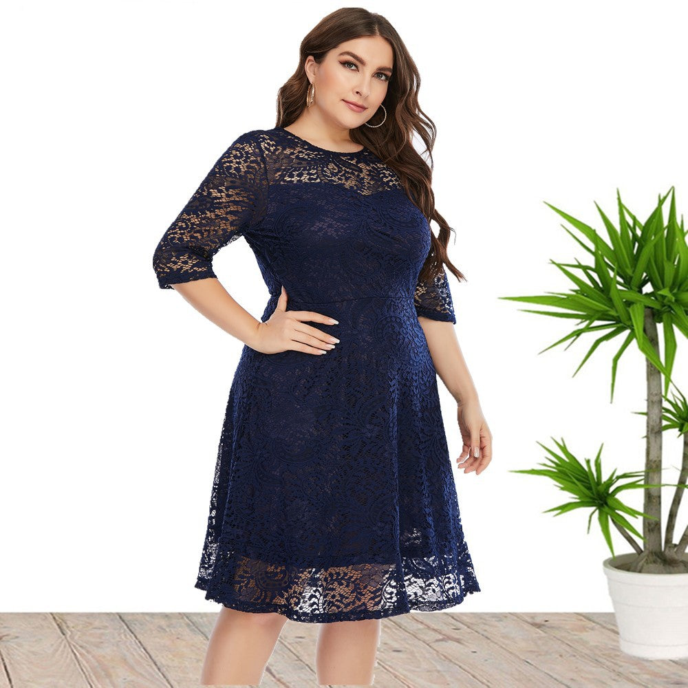 Women's Plus Size Spring Summer Clothes Crew Neck Lace Dress