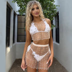 Women's Mesh Rhinestone Beaded Two-Piece Skirt Set