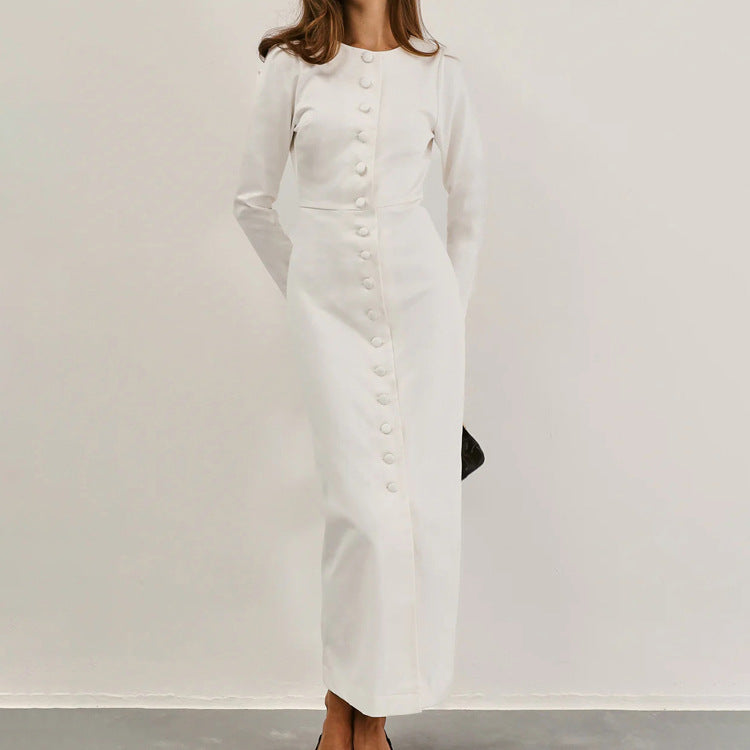 White Button Long Sleeve A-Line Maxi Dress