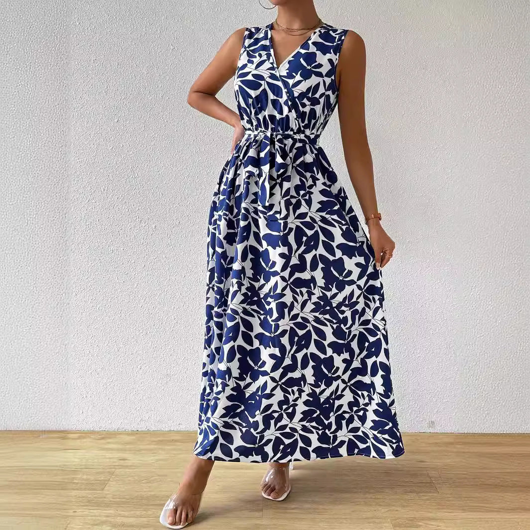 Printed V-Neck Lace-Up Maxi Dress