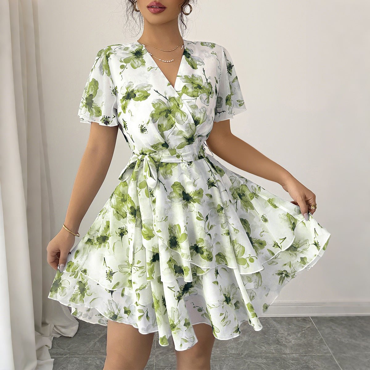 Floral Print Short-Sleeve Tiered Dress