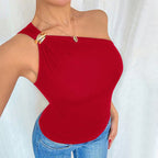 Women's Red Vest Summer Sleeveless Slim Fit Oblique Shoulder Metal Decorative T shirt Top