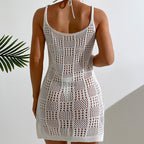 White crochet cami mini dress back view with tie straps and open back
