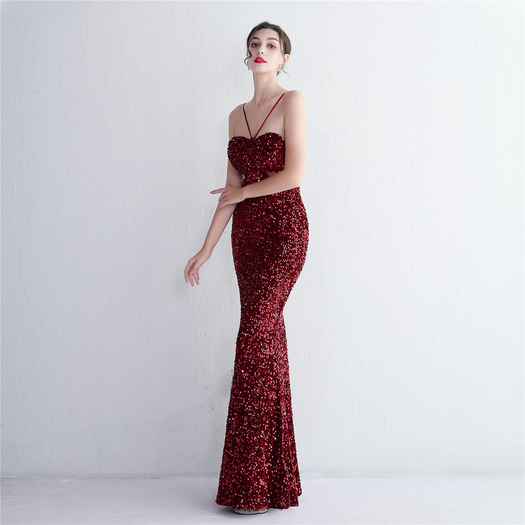 Women's Bottom Sequin Strappy Party Sequin Dress Long Banquet Slim Fit