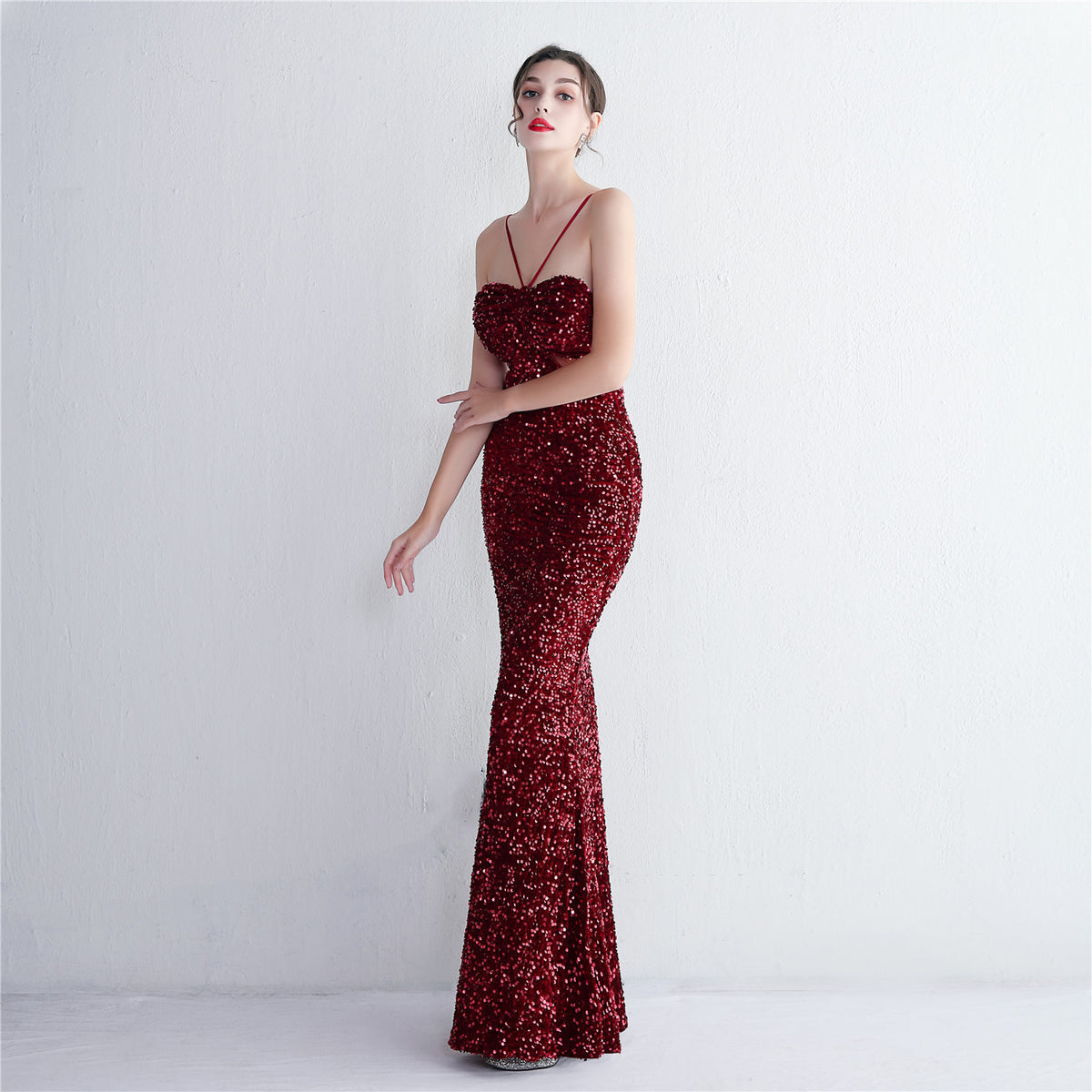 Women's Bottom Sequin Strappy Party Sequin Dress Long Banquet Slim Fit