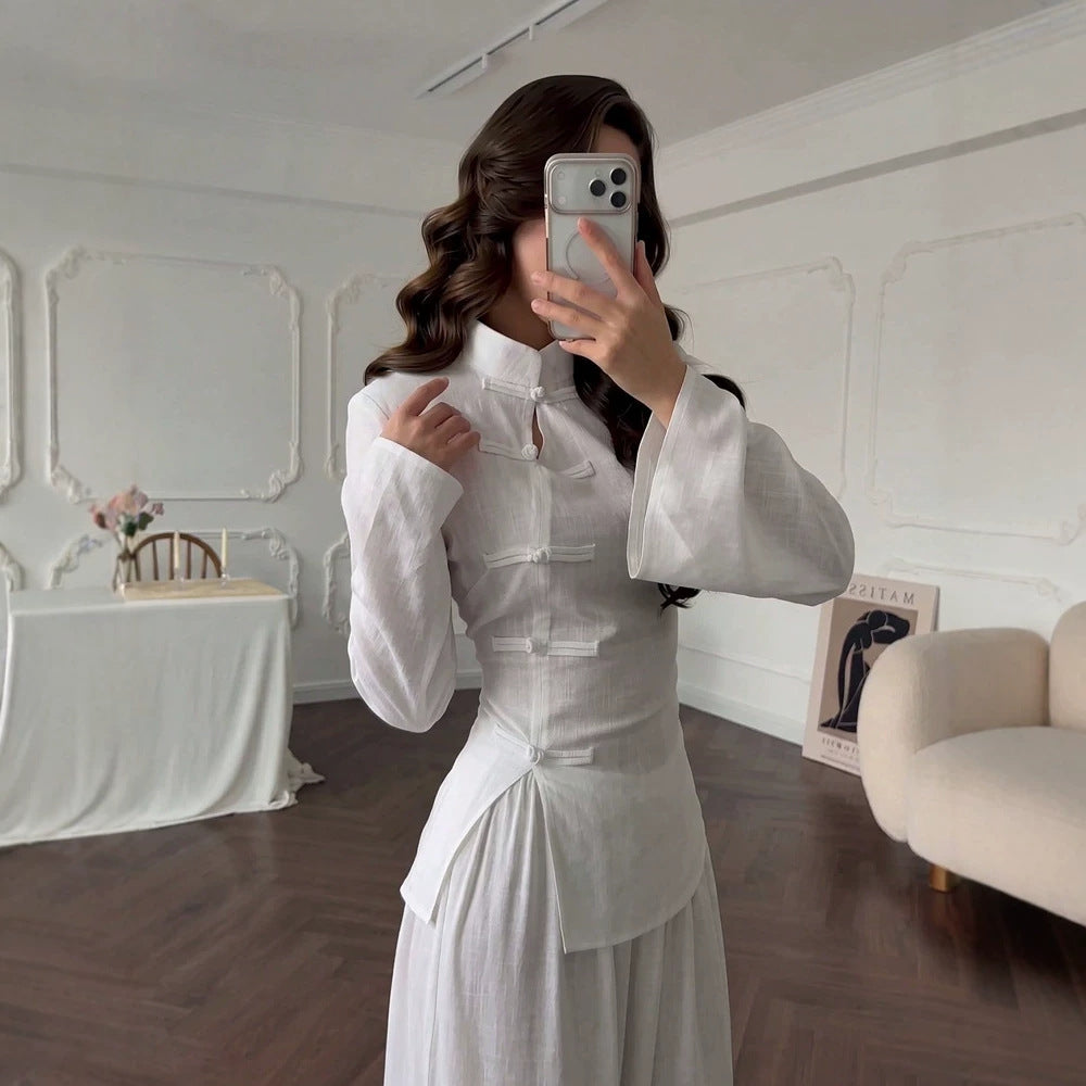Women's Elegant Buckle Waist Lace Up Lightweight Chinese Shirt