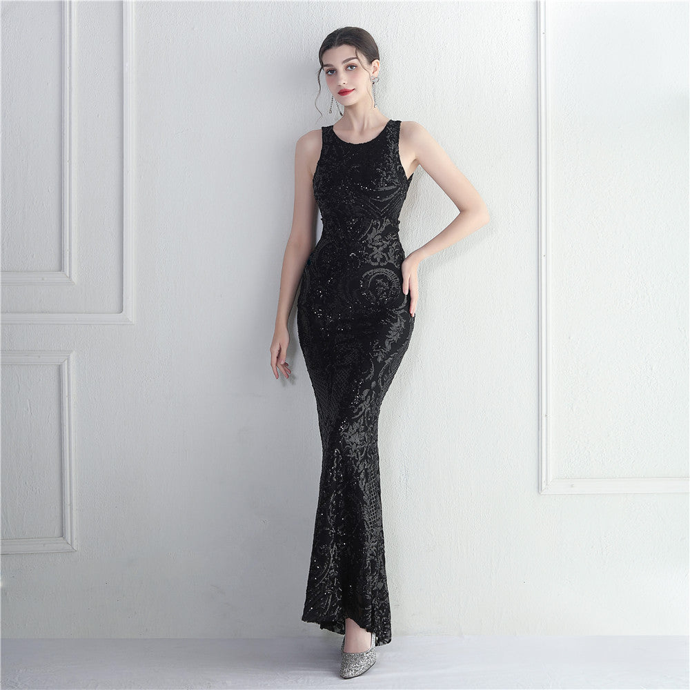 Women's Bare Back Beaded Sequin Embroidery Stage Concert Cocktail Dress