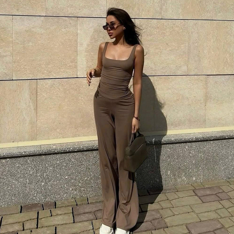 Summer Solid Color Casual Square Collar Vest Wide Leg Pants Sports Two-Piece Set