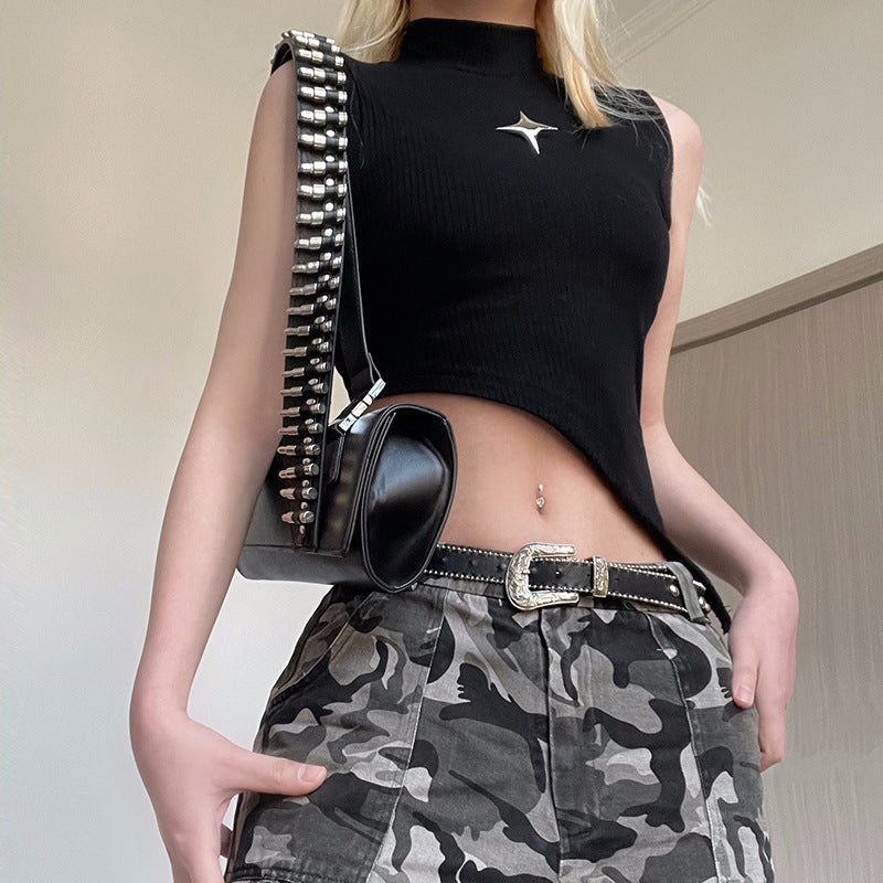 Women's Women’s Black Asymmetric Mock Neck Knit Tank Top