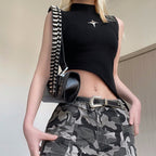 Women's Women’s Black Asymmetric Mock Neck Knit Tank Top