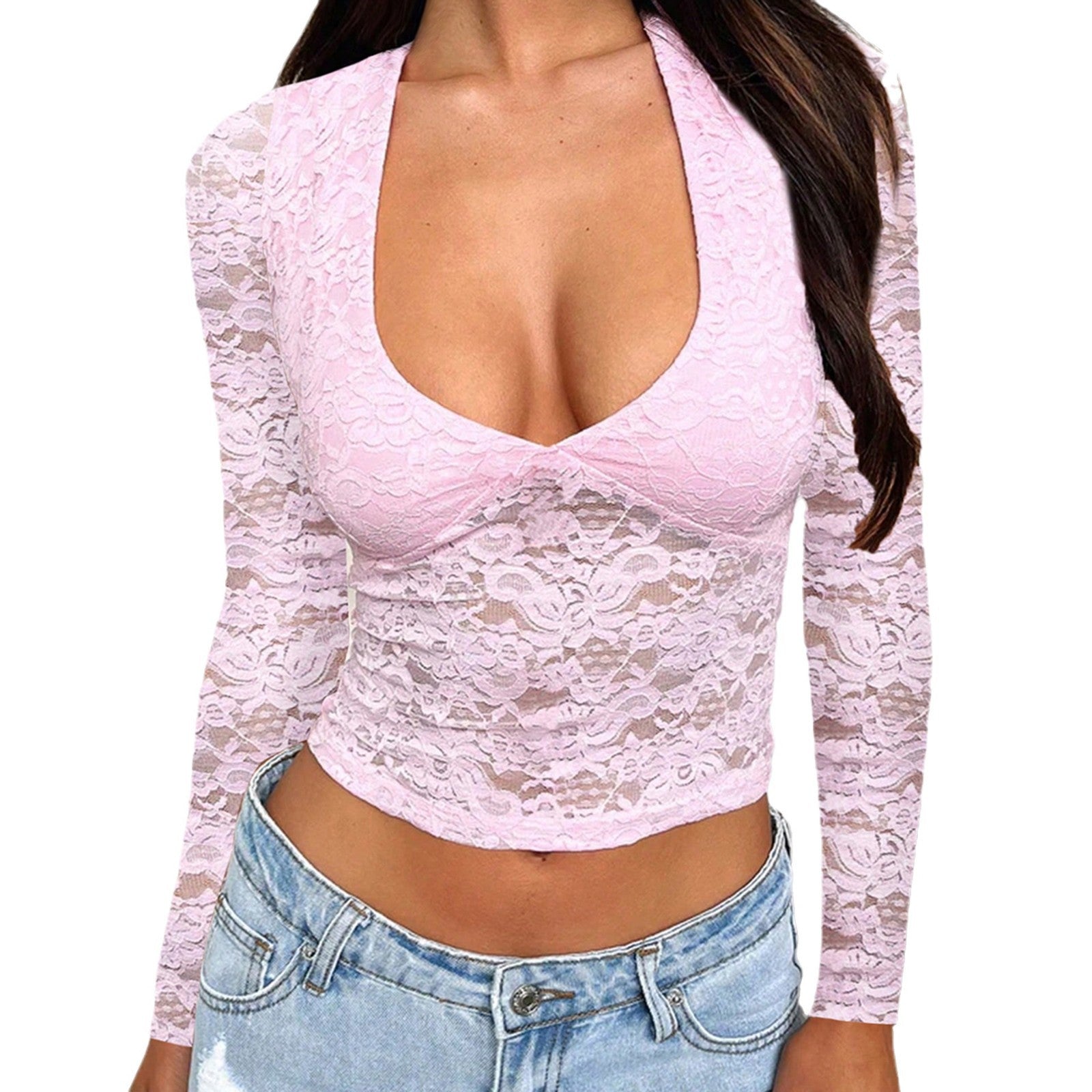 Women's Y2K Lace-Up Sheer Long Sleeve Top