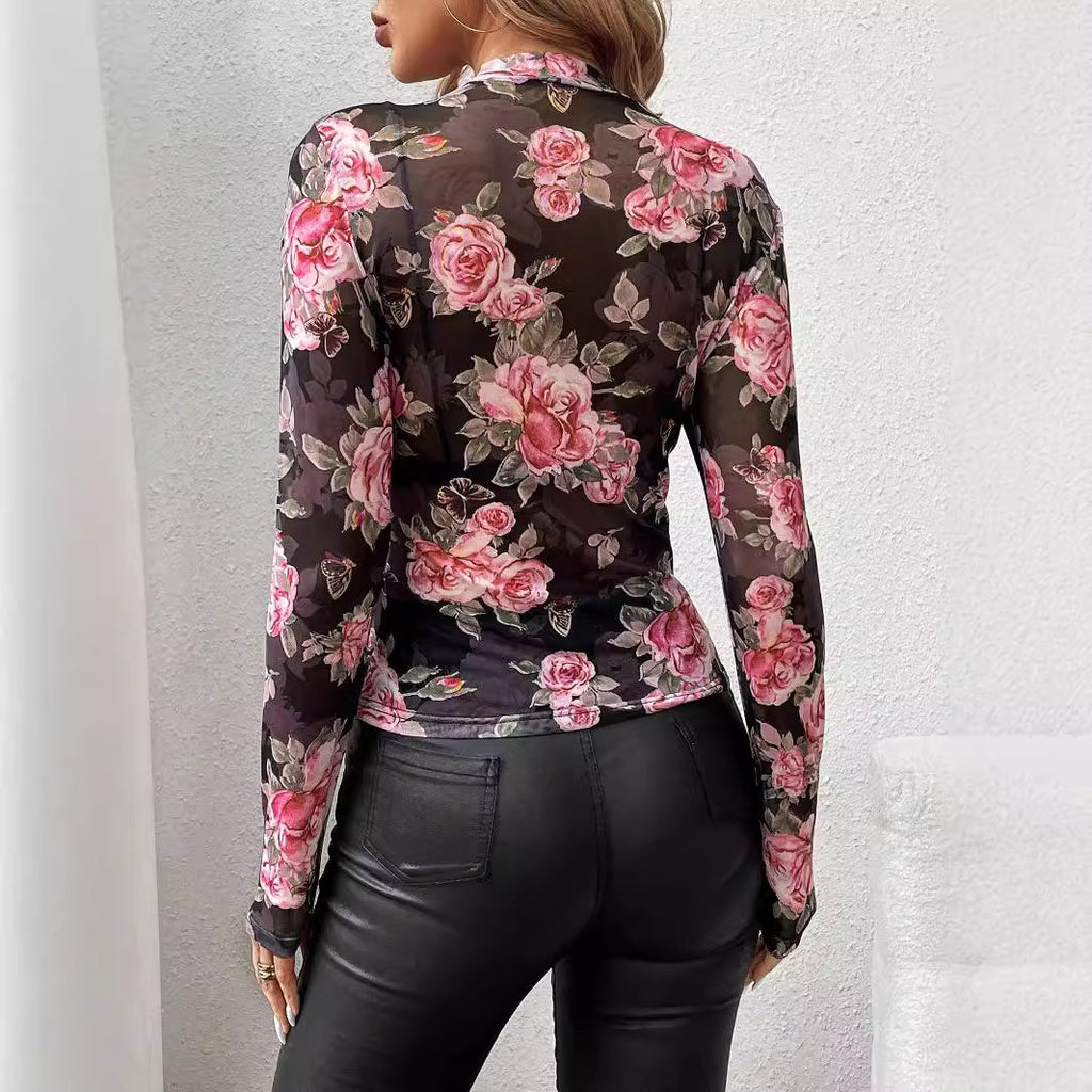 Rose Floral Print Stand Collar Slim Top
