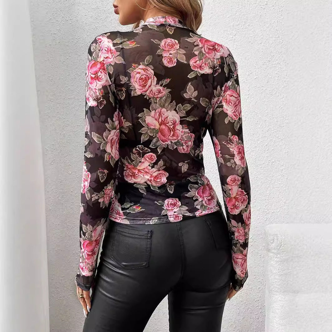 Rose Floral Print Stand Collar Slim Top