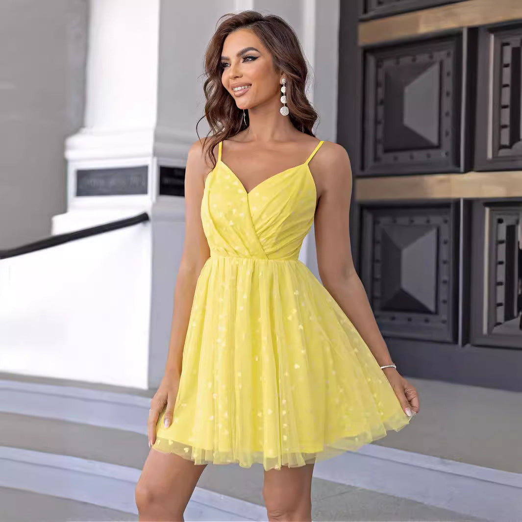 Cross V neck Sexy Mesh Dinner Dress