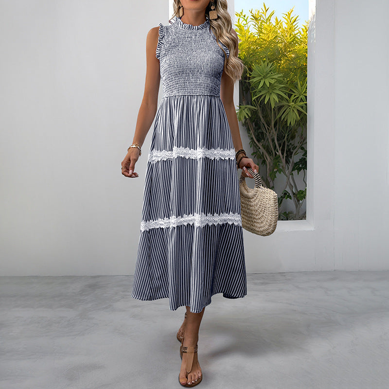 Lace Sleeveless Striped Summer Dress