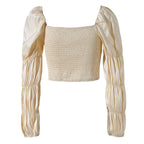 Women's Short Cardigan Top Women Spring Sexy Silver Silk Gloss Long Sleeve Square Neck Short Shirt