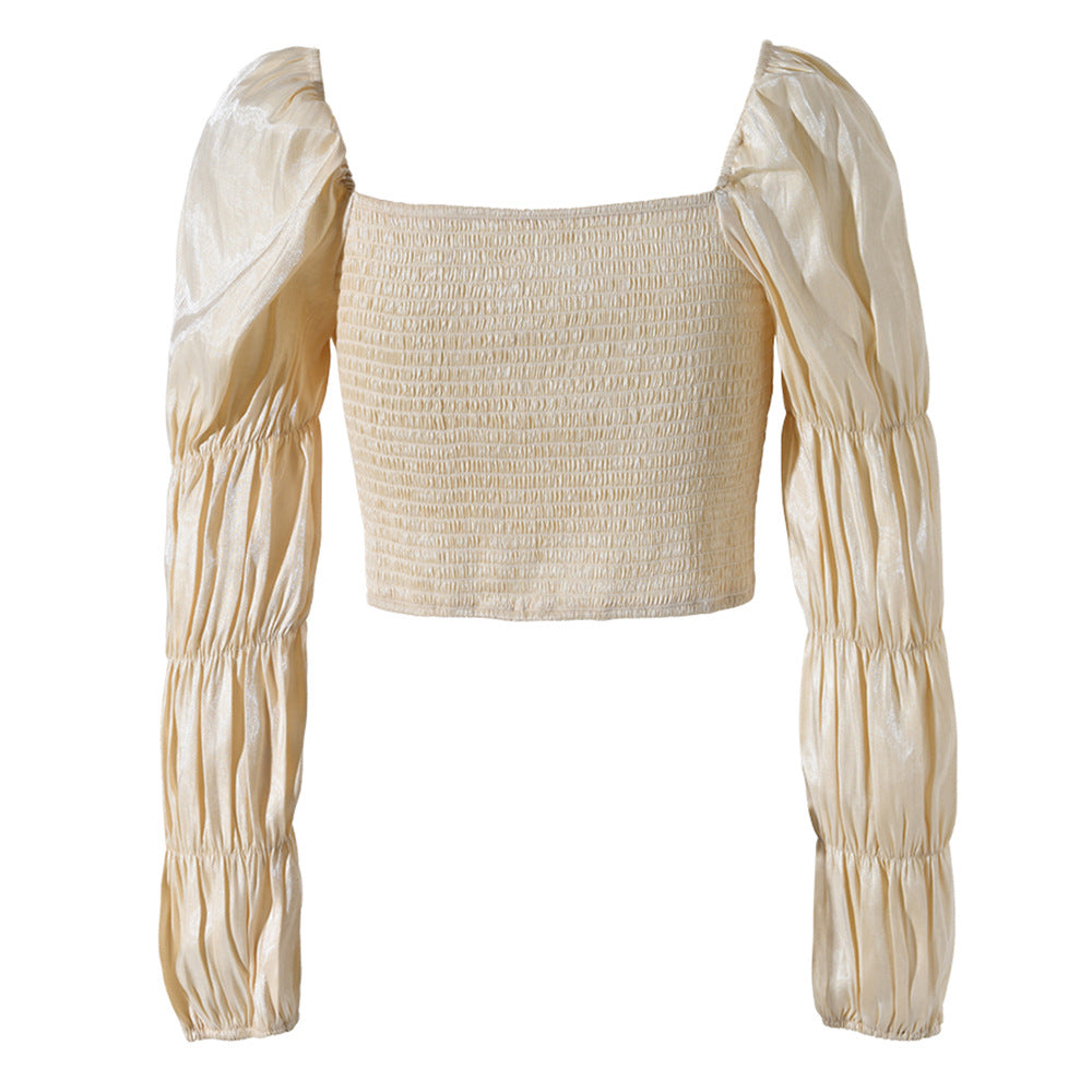 Women's Short Cardigan Top Women Spring Sexy Silver Silk Gloss Long Sleeve Square Neck Short Shirt