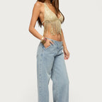 Sexy Women Sequined Tassel Lace up Halterneck Spaghetti
