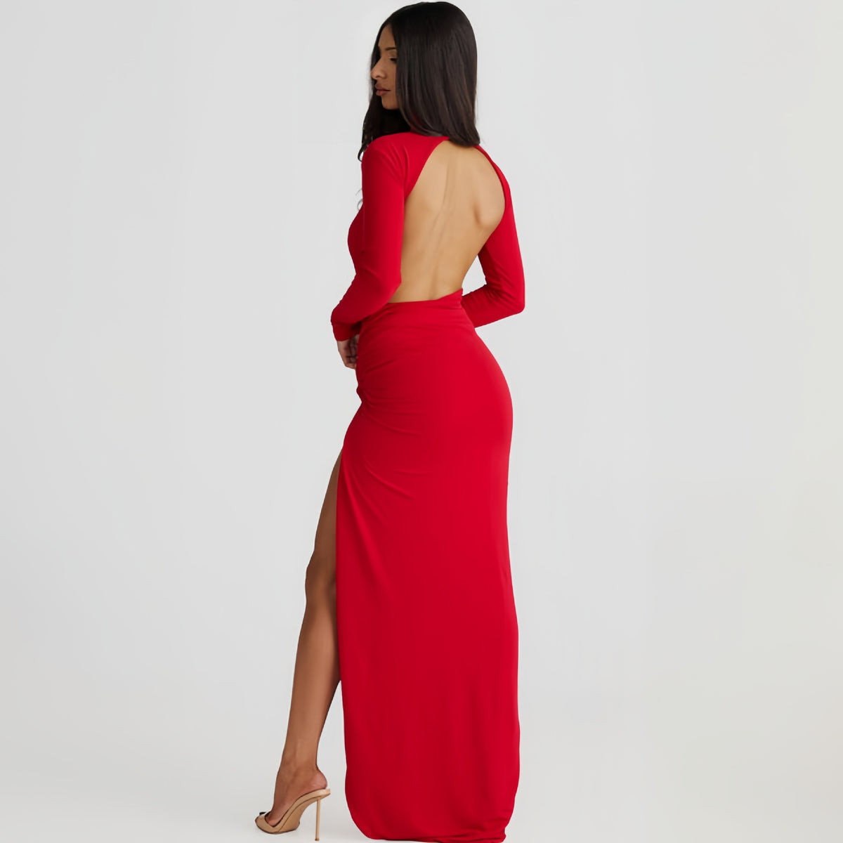 High Collar Backless Long Sleeves Jumpsuit Slit Dress