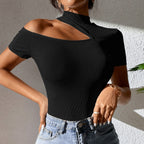 Women’s Black Asymmetric Mock Neck Short Sleeve Top