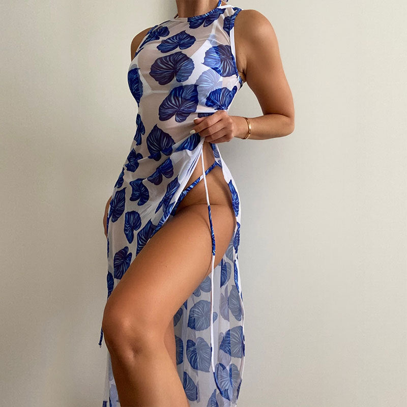 Blue-and-white leaf-print halter swim one-piece with side ties and high slit