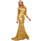 Spring Autumn Sequin Dress Purple Crew-Neck Long Evening Long Sleeve