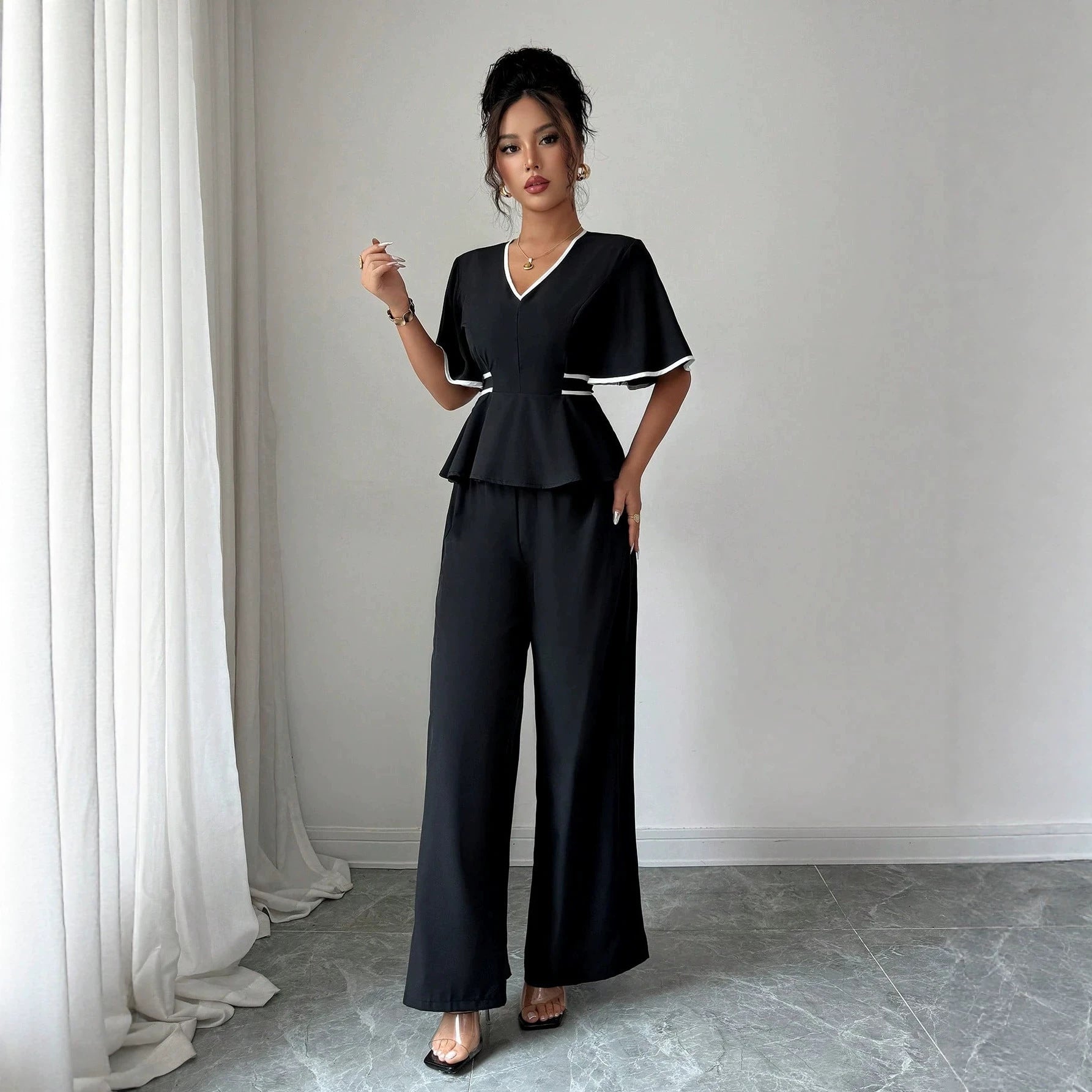 V neck Flying Sleeve Slimming Western Slim Fit Casual Suit Korean Exquisite Unique Beautiful Summer Mini Set