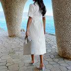 White midi dress, short sleeves, V-neck with button front, tie waist, patch pockets