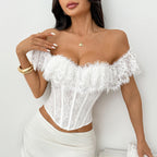 Summer Pure Eyelash Lace Cross Rope Gathered Boning Corset Steel