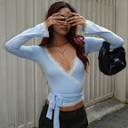 Autumn Lace V-Neck Slim Fit Lace-Up Top T shirt