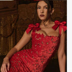 Embroidered Bow Spaghetti-Strap Split Maxi Dress