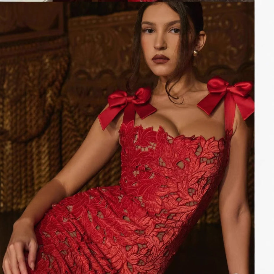 Embroidered Bow Spaghetti-Strap Split Maxi Dress