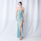 Women's Colorful Sequin Side Slit Long Strap Evening Dress