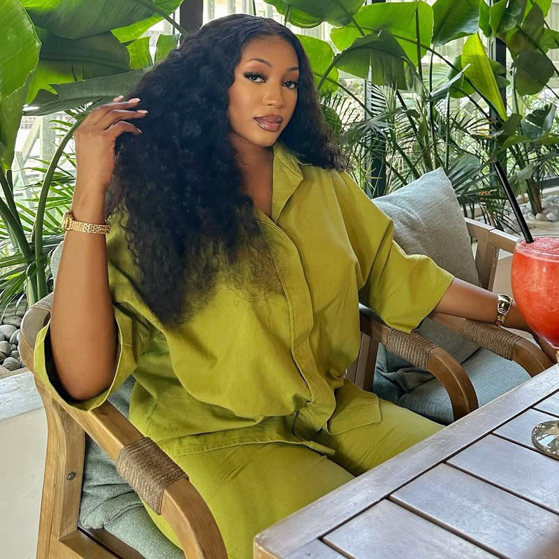 's Loose Shirt Solid Color Shirt Straight Leg Trousers Two-Piece Set