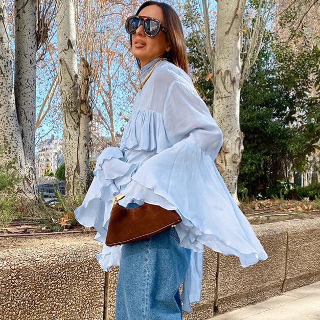 Women's Blue Ruffle High Neck Blouse